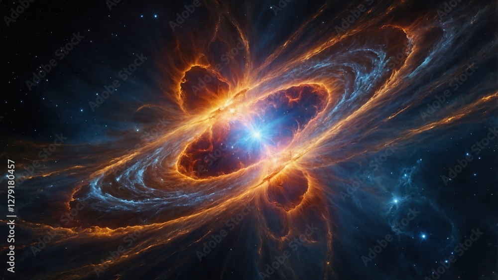 Poster moment capturing the process of nuclear fusion occurring in a cosmic setting surrounded by colorful 