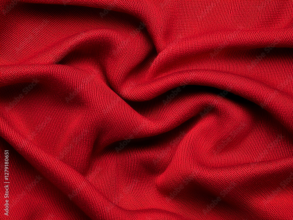 Poster soft red fabric with textured surface, showcasing intricate folds and drapes. vibrant color adds war