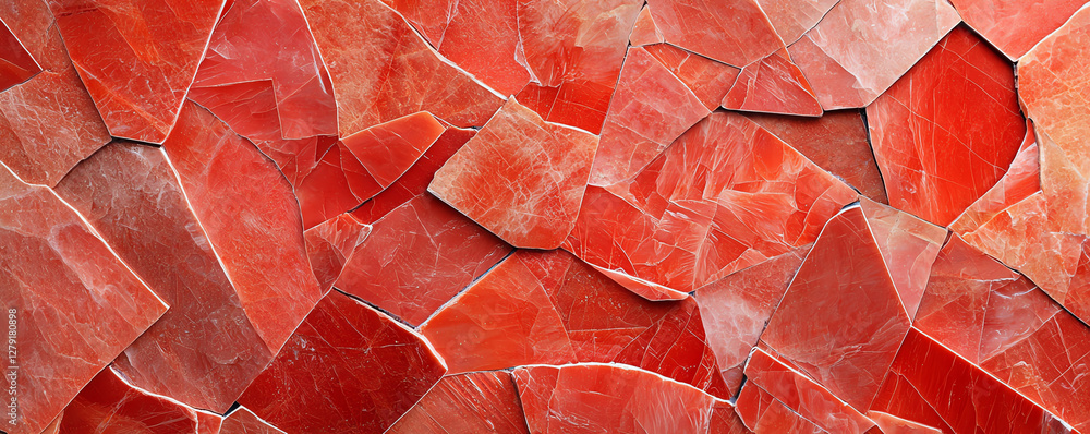 Poster red quartz stone slab with textured surface, showcasing various shapes and sizes. vibrant colors and