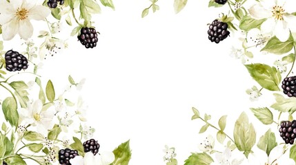 White flowers, blackberries border, blank space, watercolor, invitation