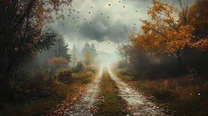 Misty autumn road through forest.