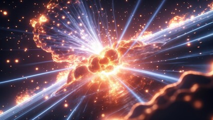 Fototapeta premium Process of nuclear fusion illustrated with bright, energetic bursts and radiant particles in a cosmic environment, showcasing intense energy release