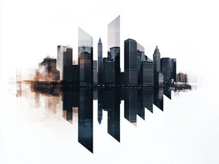 Double exposure of city skyline with digital stock market analytics and ascending arrows, representing financial prosperity, investment, and business trends