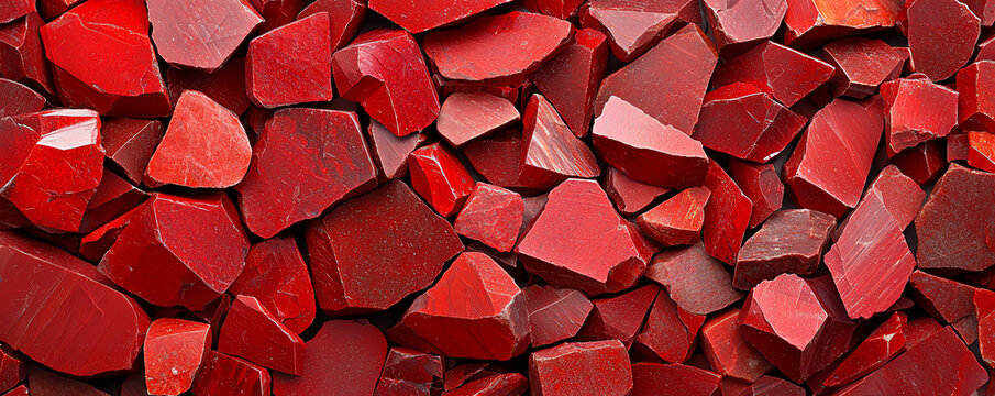 Vibrant red quartz stone pieces create stunning abstract texture, showcasing beauty of natural minerals. rich colors and varied shapes evoke sense of warmth and energy