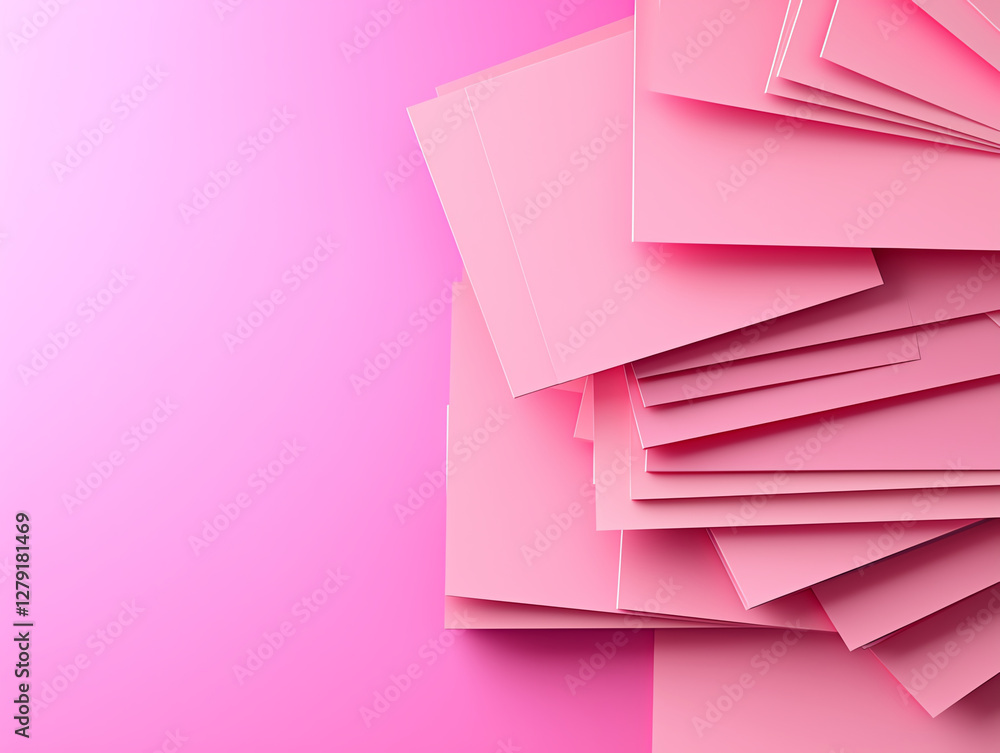 Poster pink paper sheets stacked on vibrant pink background create visually appealing abstract design. this