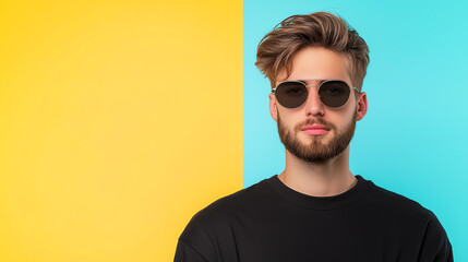 Fototapeta premium Stylish man wearing sunglasses on vibrant background, showcasing modern fashion. contrast of colors adds lively touch to image