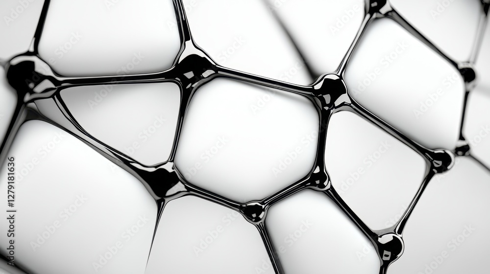Poster abstract monochrome image of interconnected black nodes forming a network like structure on a white 