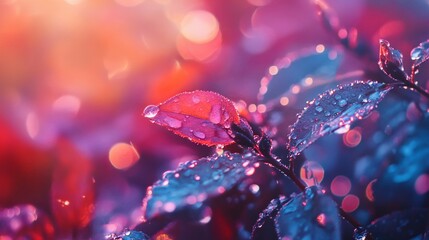 Fototapeta premium Dew drops on vibrant autumn leaves at sunset.