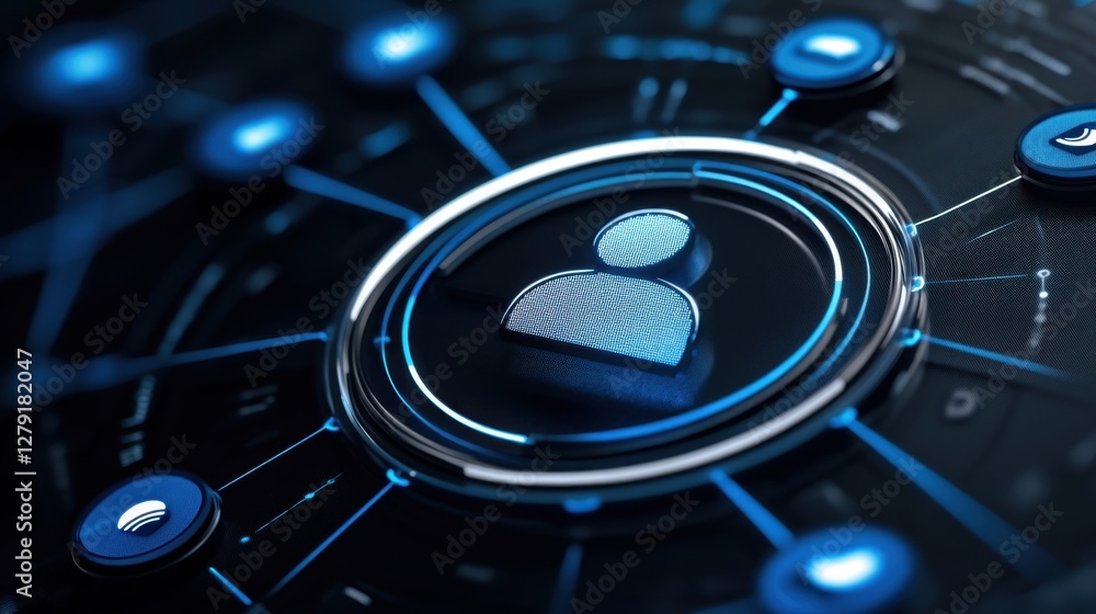 Poster close up view of a digital network concept; a person icon centrally positioned, linked to various no