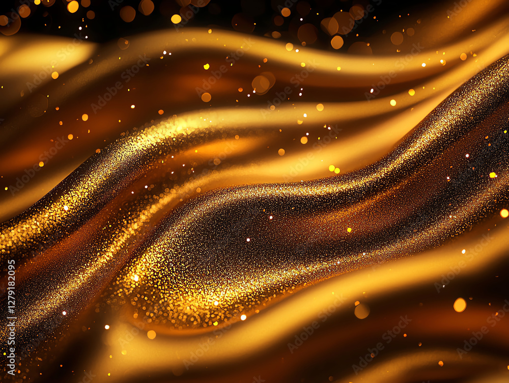 Poster shimmering golden waves create mesmerizing abstract background filled with sparkling particles, evok