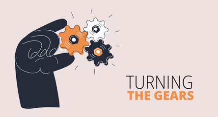 Vector illustration of a hand turning gears, symbolizing creativity, engineering solutions, and innovation in action.