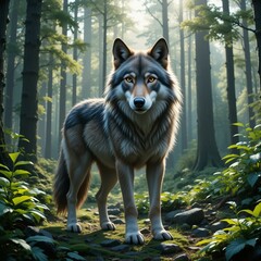  Image is a digital artwork depicting a realistic wolf standing in a lush forest setting. The wolf has a thick, multi-toned fur coat with shades of gray, brown, and white, and its eyes are a striking 