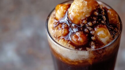 Close-up of a delicious dessert drink topped with caramel and nuts in a cozy caf? setting