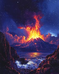 Volcanic eruption illuminates night sky above ocean landscape stunning digital artwork dramatic atmosphere