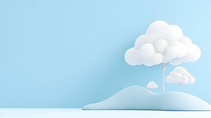 Minimalist cloud trees on blue hill, pastel background, website banner