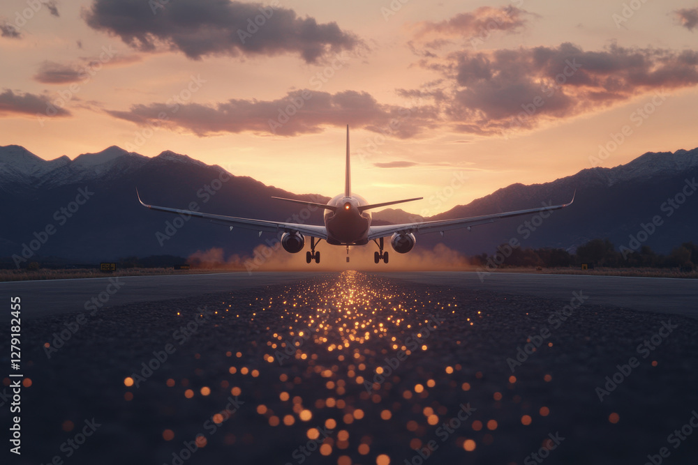 Poster a plane is taking off from a runway with mountains in the background