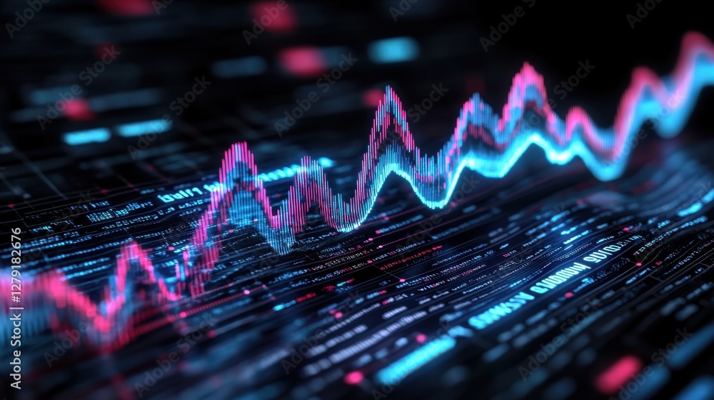 Poster abstract data visualization with vibrant pink and blue waveforms on a dark background. the image use