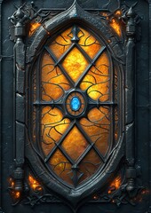 An ornate medieval fantasy card with a jeweled border against a black background