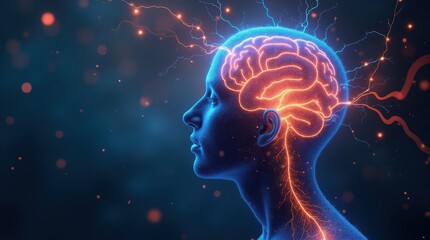 Fototapeta premium A mesmerizing depiction captures a human profile with a glowing brain, radiating neon energy pulses. This artwork symbolizes insight and the mysteries of human thought against a rich, dark backdrop
