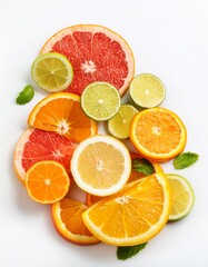 Fototapeta premium Freshly Cut Citrus Fruits Isolated on White Background for Vitamin-Rich Diet