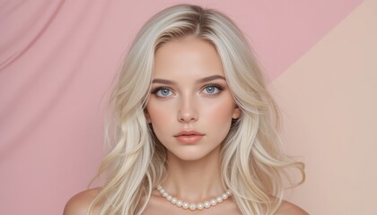 A young woman with flowing blonde hair poses gracefully, showcasing striking blue eyes and a gentle expression