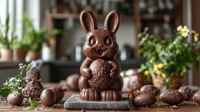 Chocolate bunny and eggs on rustic table in cozy kitchen setting. Easter, Pascha, Paskha, Ostern, Pascua, Paques - Orthodox and Catholic Holiday celebration
