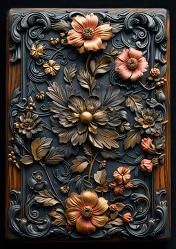 Medieval fantasy empty book with a gemstone-encrusted frame on a dark backdrop