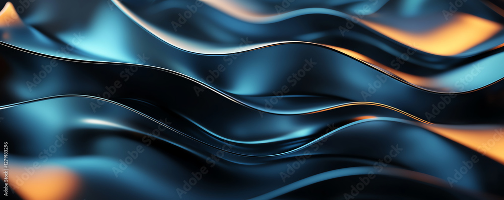Poster sleek metallic waves create abstract pattern with smooth curves and vibrant highlights, evoking sens