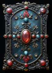 Medieval fantasy empty book with a gemstone-encrusted frame on a dark backdrop