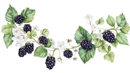 Blackberry branch, blossoms, leaves, white background, food design