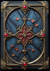 A luxurious medieval fantasy book with an intricate gemstone frame on a dark background