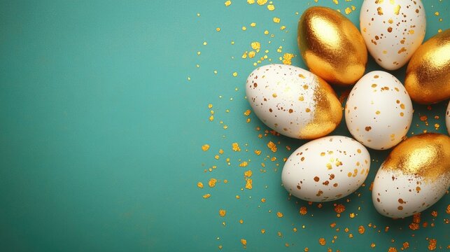 Gold and white egg arrangement with glitter on turquoise background for easter decoration. Easter, Pascha, Paskha, Ostern, Pascua, Paques - Orthodox and Catholic Holiday celebration