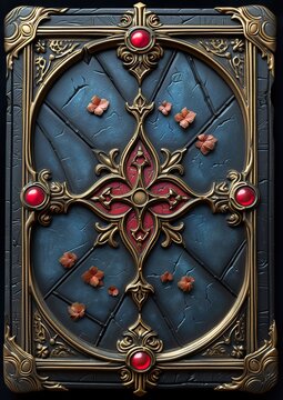 A luxurious medieval fantasy book with an intricate gemstone frame on a dark background