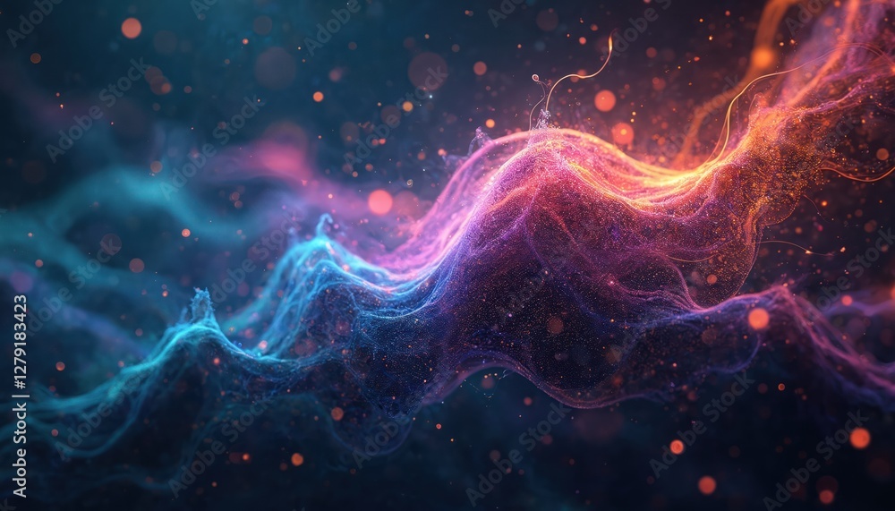 Poster vibrant abstract generative ai thought process. colorful neural network nodes connect in dark blue s