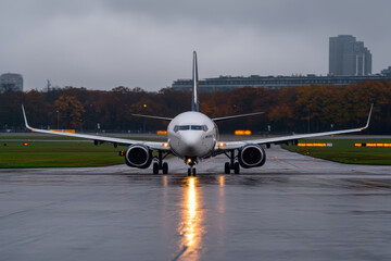 A large white airplane is parked on a wet runway