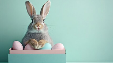 Adorable gray rabbit with easter eggs in a box on turquoise background. Easter, Pascha, Paskha, Ostern, Pascua, Paques - Orthodox and Catholic Holiday celebration