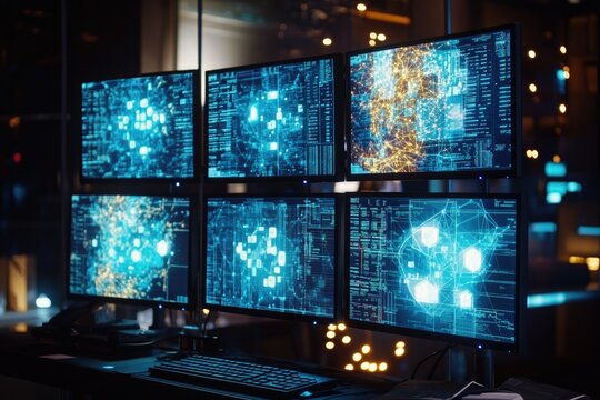 Multiple monitors display complex data streams, visualizing network activity and cybersecurity processes.
