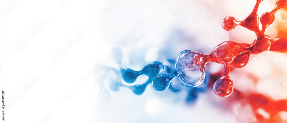 Poster abstract representation of molecular structures in red and blue, highlighting scientific themes and 