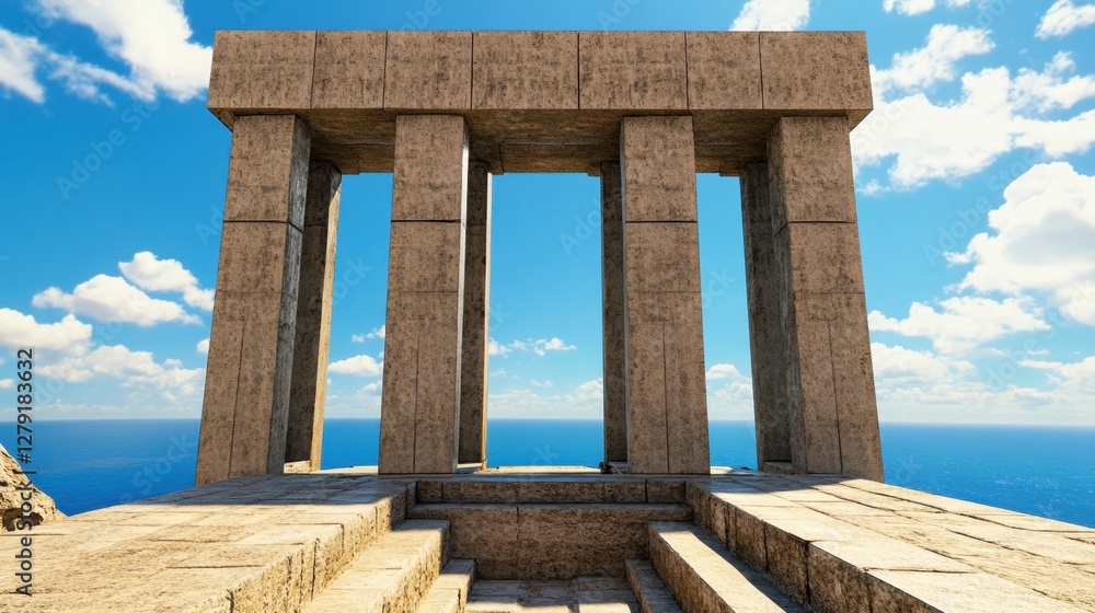 Poster ancient stone structure overlooking a calm ocean under a bright blue sky with fluffy white clouds. t