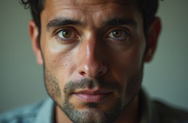 Obraz premium A man gazes intently, his striking green eyes reflecting deep thoughts and emotions. Sunlight softly illuminates his face, highlighting the contours of his strong features