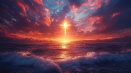 Glowing cross at sunset over ocean waves beautifully illuminates the sky. Easter, Pascha, Paskha, Ostern, Pascua, Paques - Orthodox and Catholic Holiday celebration