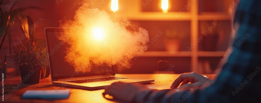 Poster a warm-lit scene features a person using a laptop, with glowing light and a misty effect creating a 
