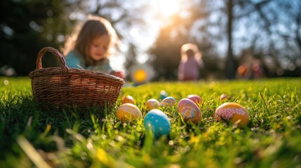 Young caucasian girl with easter eggs and basket in sunny spring garden. Easter, Pascha, Paskha, Ostern, Pascua, Paques - Orthodox and Catholic Holiday celebration