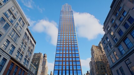 An architectural marvel soars skyward, its geometric facade reflecting the azure sky. Buildings line the street, creating a symmetrical urban canyon