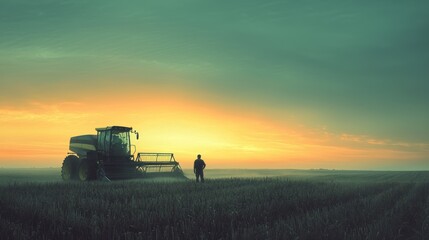 Fototapeta premium Sunrise Harvest: A Farmer's Silhouette Against the Golden Dawn