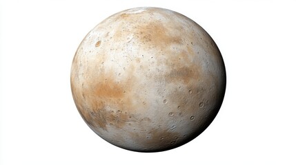 Fototapeta premium Detailed close up of a celestial body, predominantly beige and light brown, with a speckled surface texture. The sphere is isolated against a stark