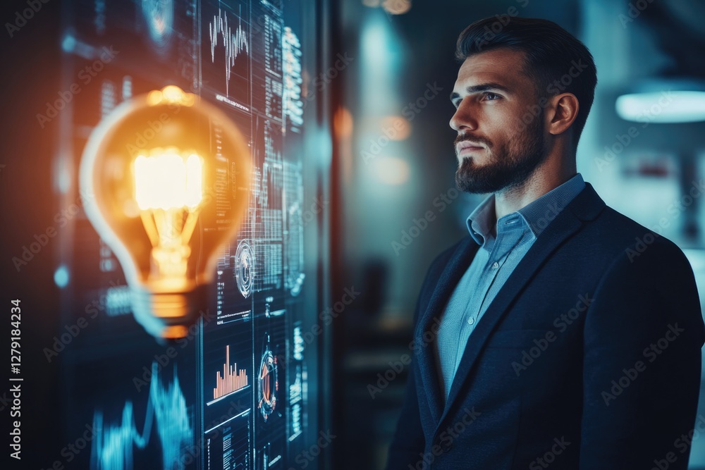 Aufkleber a pensive businessman contemplates data visualizations on a screen, illuminated by a glowing lightbu