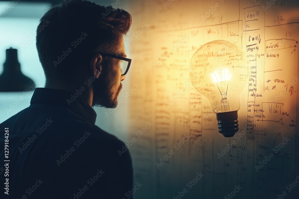 Poster a man gazes at a whiteboard filled with notes, illuminated by a glowing lightbulb, symbolizing inspi