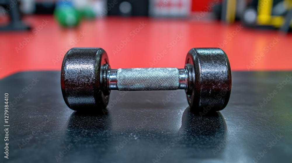 Aufkleber close up view of a black dumbbell with a textured surface resting on a black mat in a gym setting. t