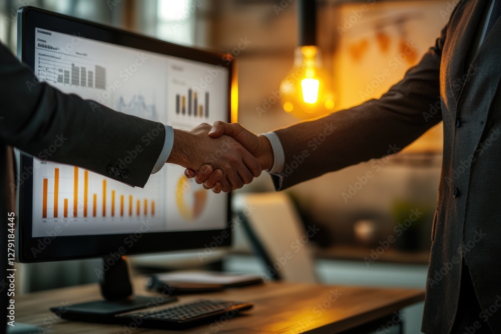 Poster business partners shaking hands in front of computer screen displaying financial graphs, signifying 